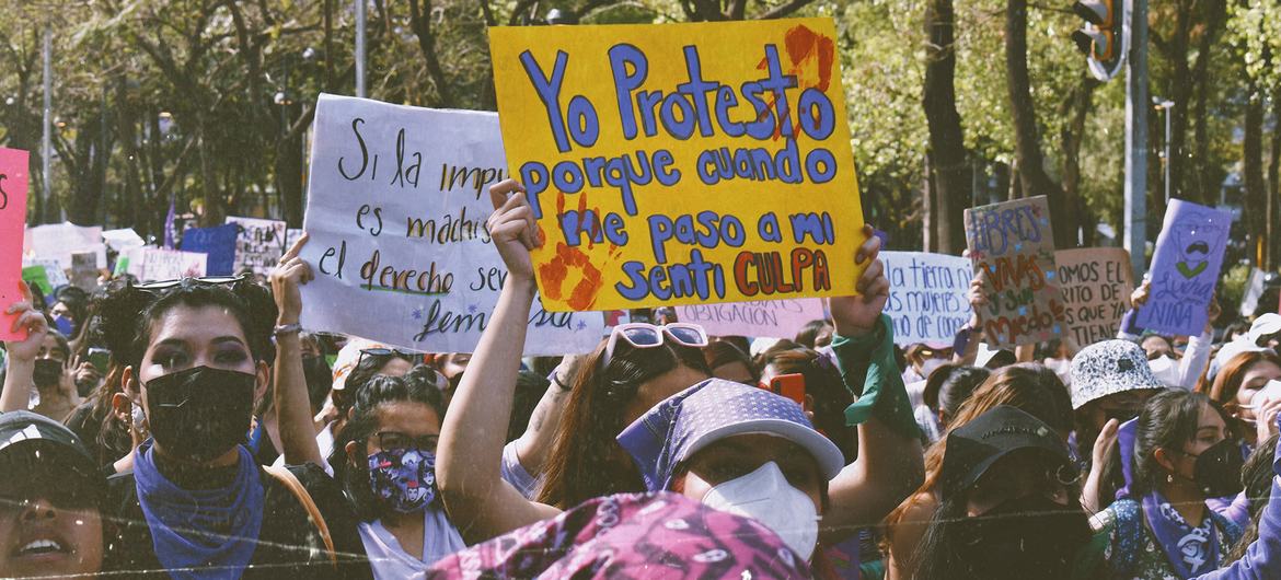Women march on International Women's Day in Mexico City. Women march on International Women's Day in Mexico City.