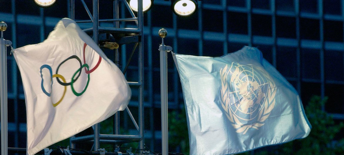 The United Nations and the Olympic flags raised at UN Headquarters. (file) The United Nations and the Olympic flags raised at UN Headquarters. (file)