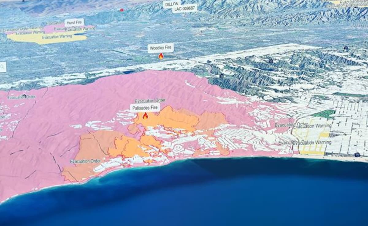Map of the Los Angeles area showing the different wildfire locations is seen during a briefing given to US President Joe Biden. Map of the Los Angeles area showing the different wildfire locations is seen during a briefing given to US President Joe Biden.