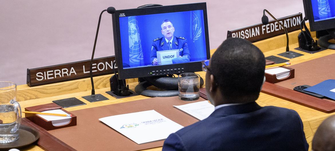 Major General Patrick Gauchat (on screen), Head of the UN Truce Supervision Organization (UNTSO) and Interim Head of UNDOF, briefs the UN Security Council meeting on the situation in Syria. Major General Patrick Gauchat (on screen), Head of the UN Truce Supervision Organization (UNTSO) and Interim Head of UNDOF, briefs the UN Security Council meeting on the situation in Syria.
