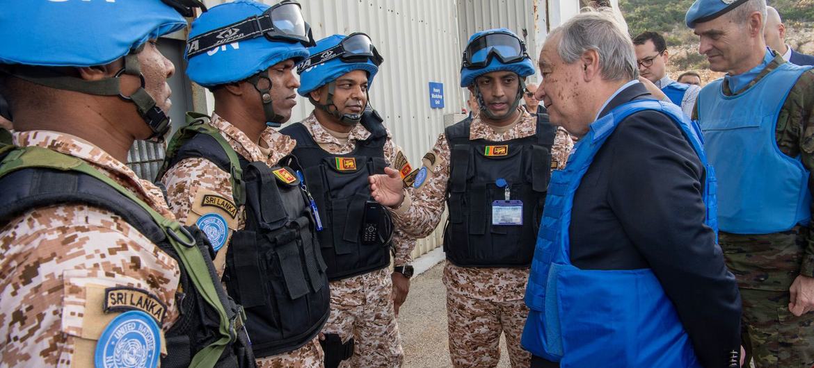 UN Secretary-General António Guterres (right) meets UN peacekeepers from Sri Lanka in Naqoura in southern Lebanon. UN Secretary-General António Guterres (right) meets UN peacekeepers from Sri Lanka in Naqoura in southern Lebanon.