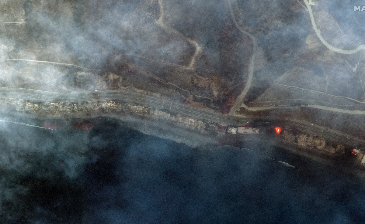 Satellite image shows smoke covering the Pacific Coast Highway along the Malibu coastline. Satellite image shows smoke covering the Pacific Coast Highway along the Malibu coastline.