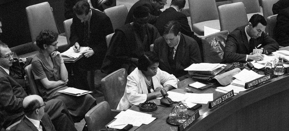 US Ambassador Marian Anderson addresses the Fourth Committee during a discussion in on the Cameroons in 1958. (file) US Ambassador Marian Anderson addresses the Fourth Committee during a discussion in on the Cameroons in 1958. (file)