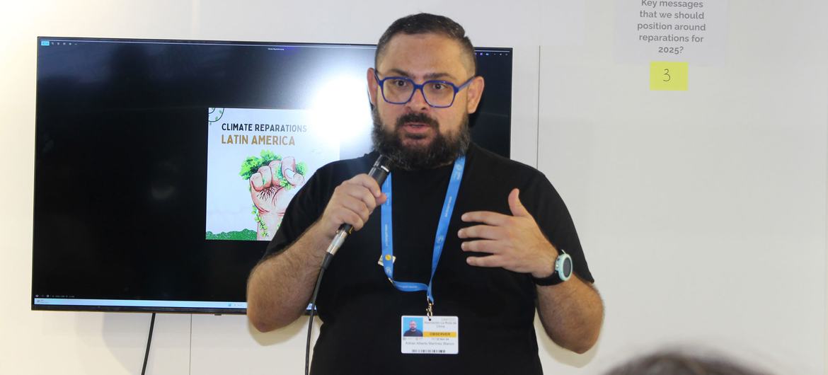Adrián Martínez, director of La Ruta del Clima, facilitates a workshop on climate reparations at COP 29. Adrián Martínez, director of La Ruta del Clima, facilitates a workshop on climate reparations at COP 29.
