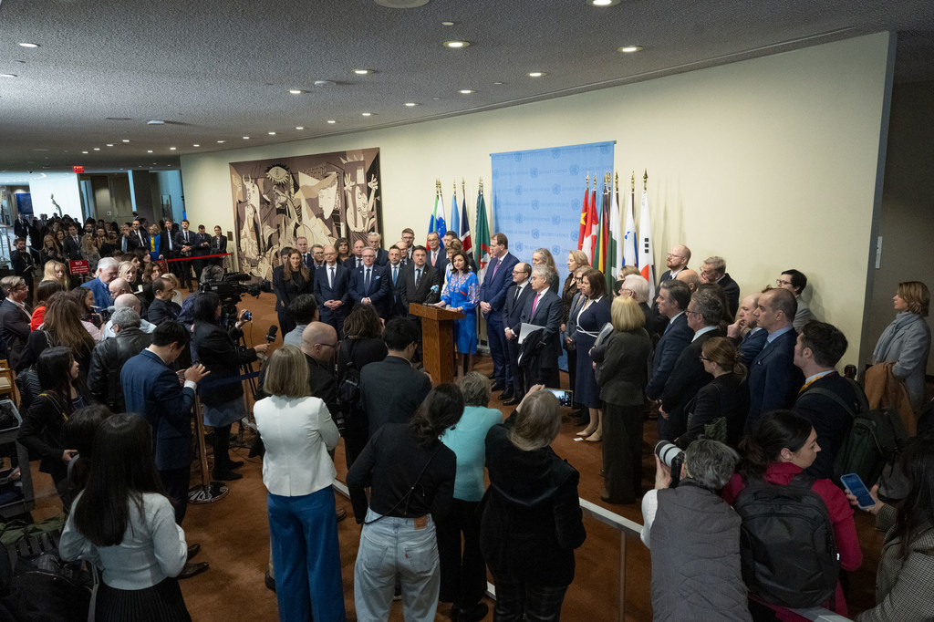 The Deputy Foreign Minister of Ukraine, Betsa Mariana (centre at podium), addresses the media outside the Security Council at UN Headquarters in New York. The Deputy Foreign Minister of Ukraine, Betsa Mariana (centre at podium), addresses the media outside the Security Council at UN Headquarters in New York.