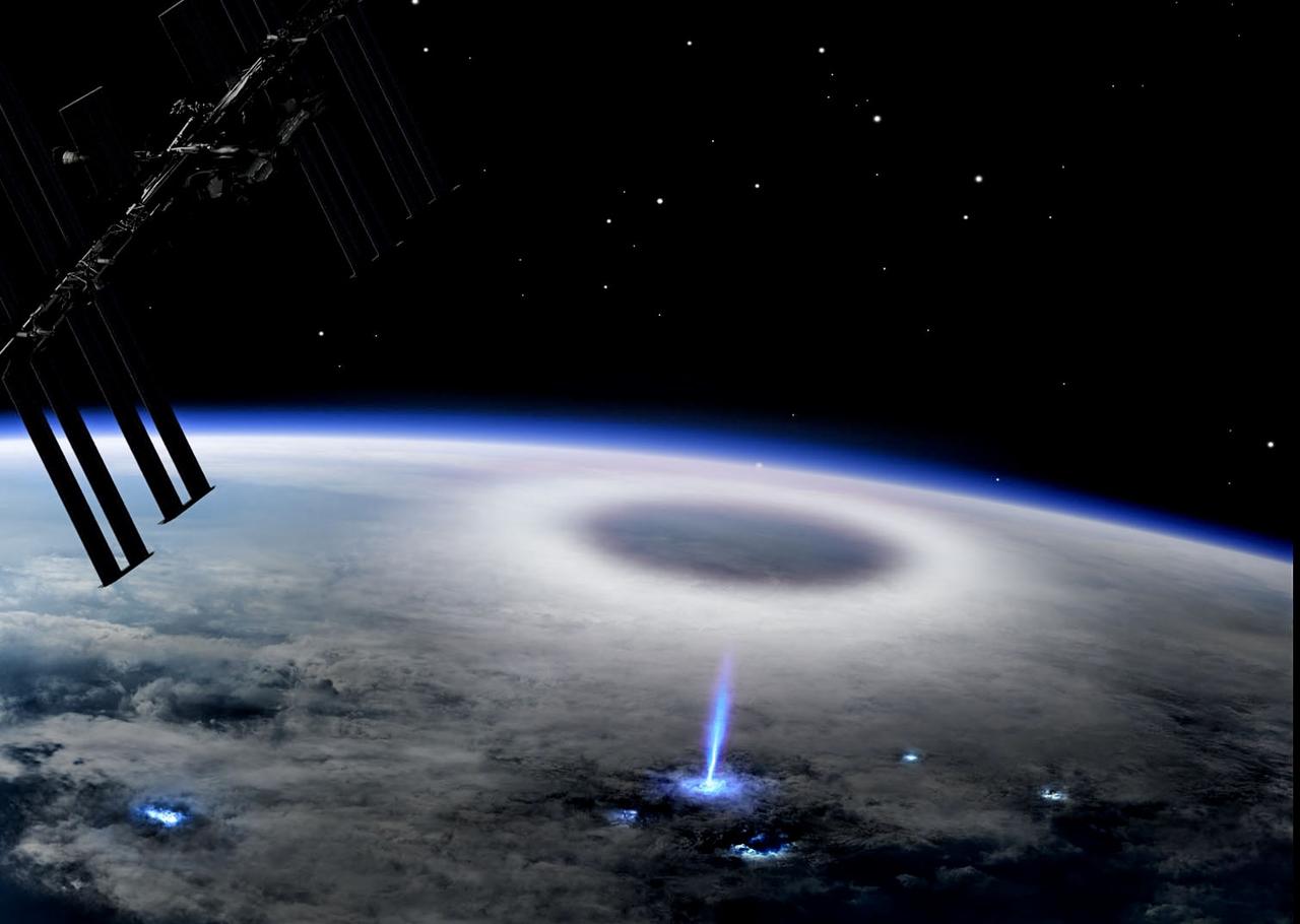 An artist’s impression of a blue jet as observed from the International Space Station.