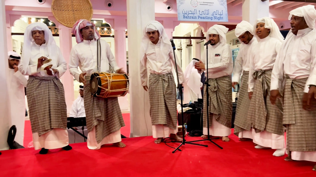 A band performing a pearl diving song in Bahrain. The folklore of pearl diving has been passed down for generations. A band performing a pearl diving song in Bahrain. The folklore of pearl diving has been passed down for generations.