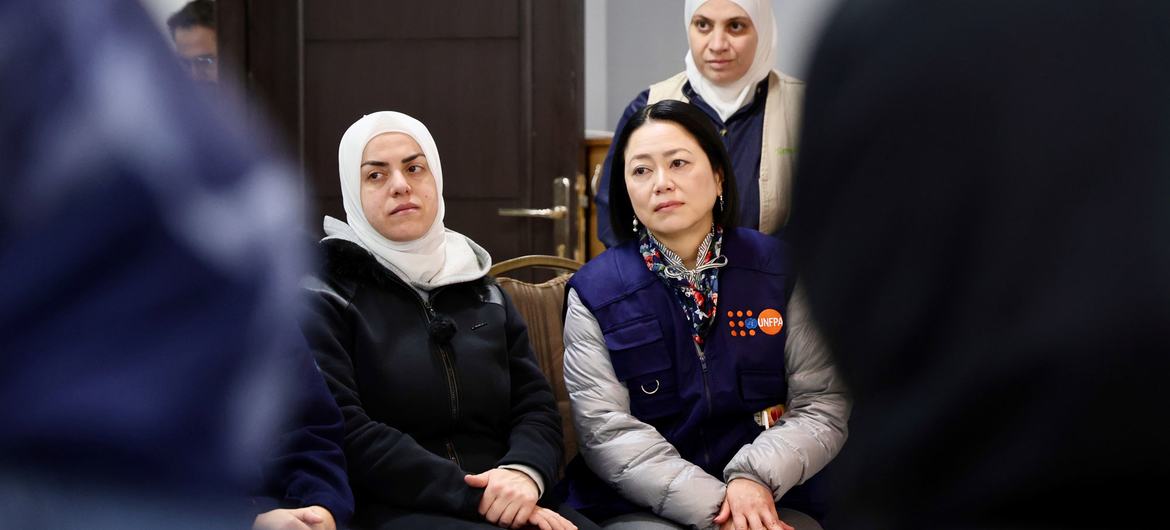 In Damascus, UNFPA Director Arakaki listens to women affected by conflict in Syria talk about their situations and the support they need. In Damascus, UNFPA Director Arakaki listens to women affected by conflict in Syria talk about their situations and the support they need.