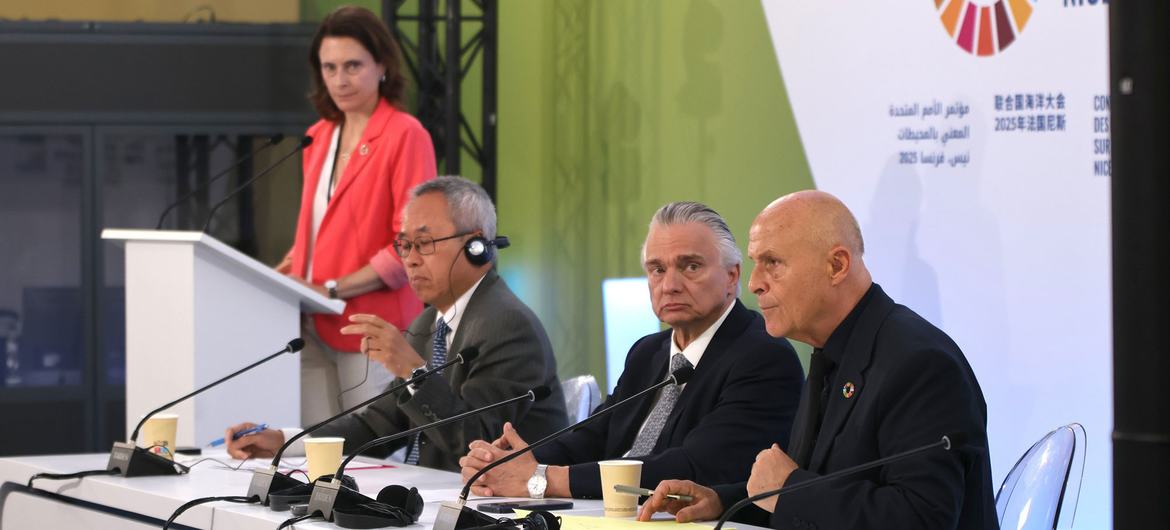 Olivier Poivre d’Arvor (right), France’s special envoy for the conference, at UNOC3’s closing press conference, in Nice. Olivier Poivre d’Arvor (right), France’s special envoy for the conference, at UNOC3’s closing press conference, in Nice.