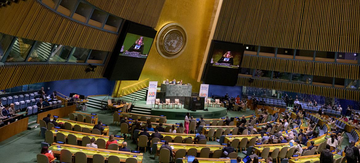 A wide view of the opening of the 2023 High-Level Political Forum on Sustainable Development convened under the auspices of the Economic and Social Council (ECOSOC), held in the General Assembly Hall. A wide view of the opening of the 2023 High-Level Political Forum on Sustainable Development convened under the auspices of the Economic and Social Council (ECOSOC), held in the General Assembly Hall.