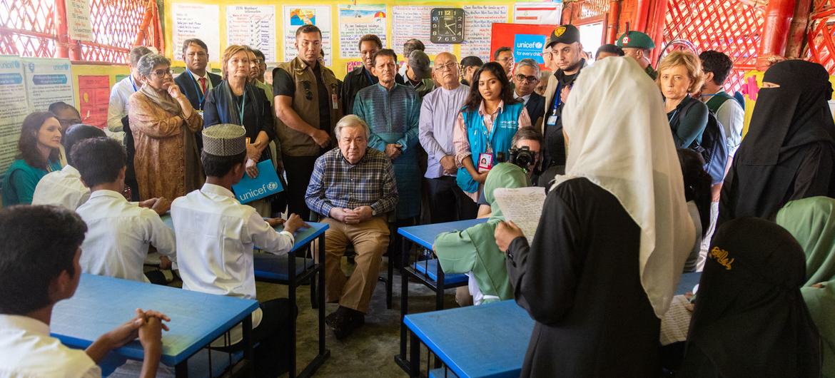 UN Secretary-General António Guterres meets Rohingya refugee students at a camp in Cox's Bazar, Bangladesh. (March 2025) UN Secretary-General António Guterres meets Rohingya refugee students at a camp in Cox's Bazar, Bangladesh. (March 2025)