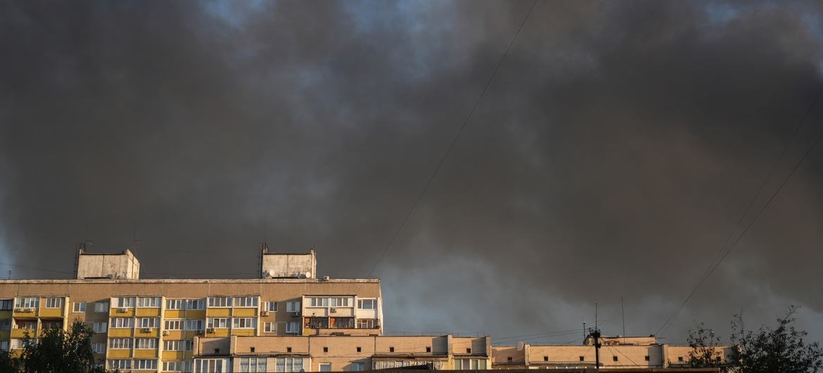 Thick black smoke fills the sky above residential buildings in Kyiv after a drone strike set fire to a nine-storey block in the neighbourhood. Thick black smoke fills the sky above residential buildings in Kyiv after a drone strike set fire to a nine-storey block in the neighbourhood.