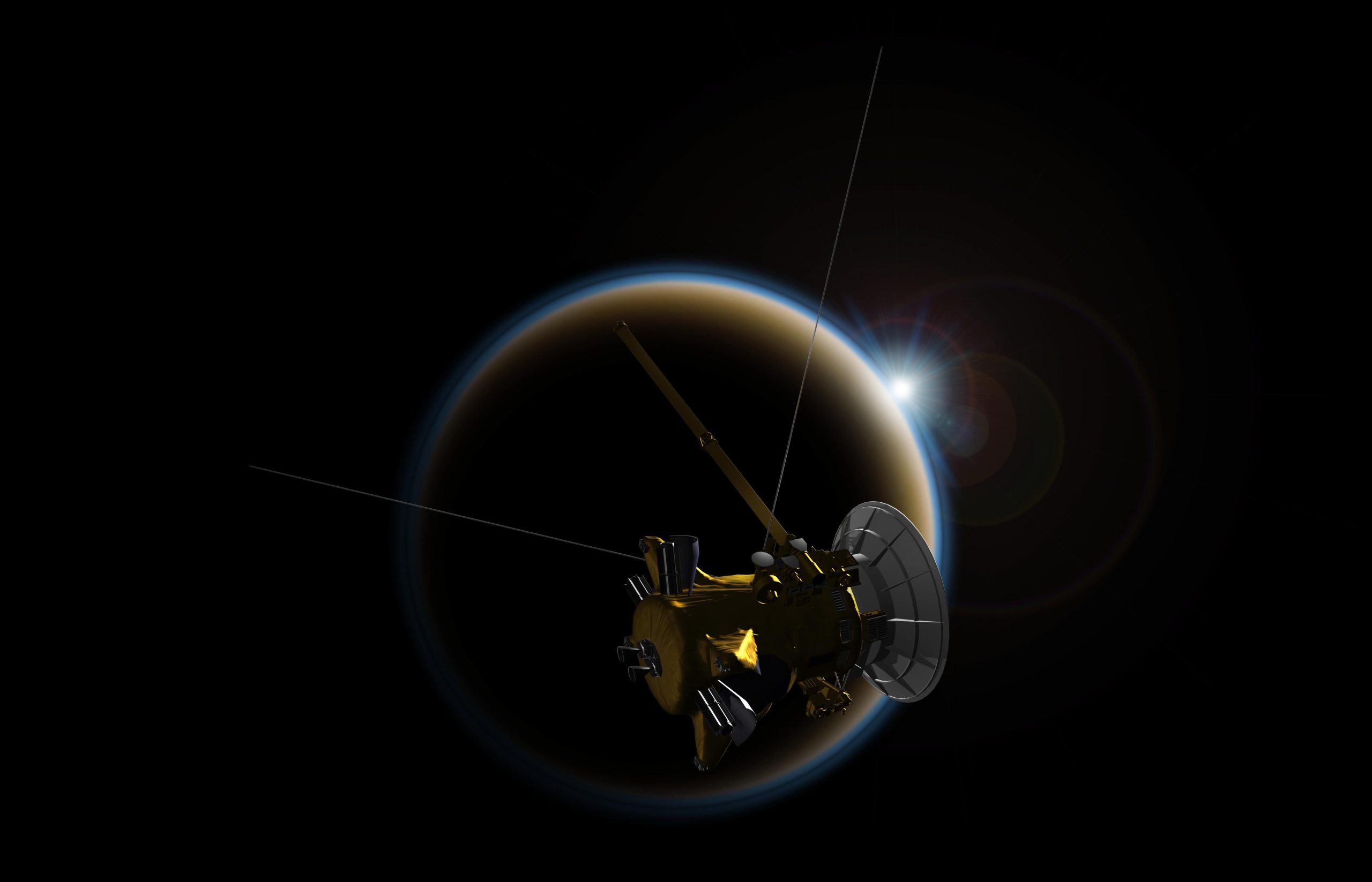 Artist's rendering of NASA's Cassini spacecraft observing a sunset through Titan's hazy atmosphere. Against the blackness of space, the moon is backlit, with a ring of white and a ring of blue light marking its outer edge, with the Sun as a point of bright light peeking from the upper-right edge of the disc. Cassini is dimly lit in the foreground partially blocking the moon, a dull gold with a large white antenna dish, and three spindly protrusions coming out of its center at 90-degree angles to each other.