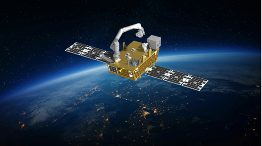 a golden satellite with solar arrays extended, with the limb of Earth in the background