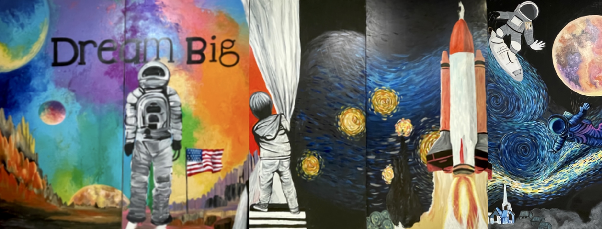 A colorful art mural representing space exploration. The words "Dream Big" appear in the upper left corner.