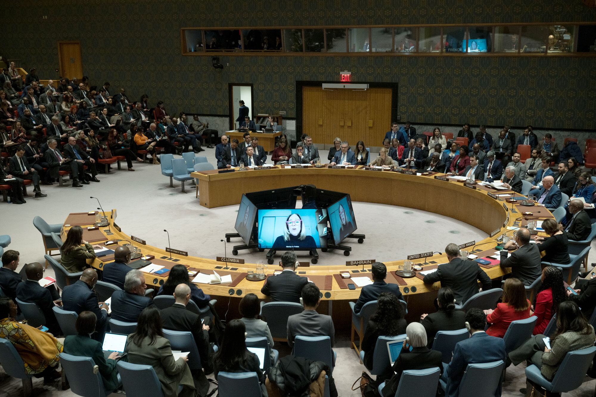 A wide view of the United Nations Security Council meeting discussing threats to international peace and security, specifically regarding the situation in Venezuela.