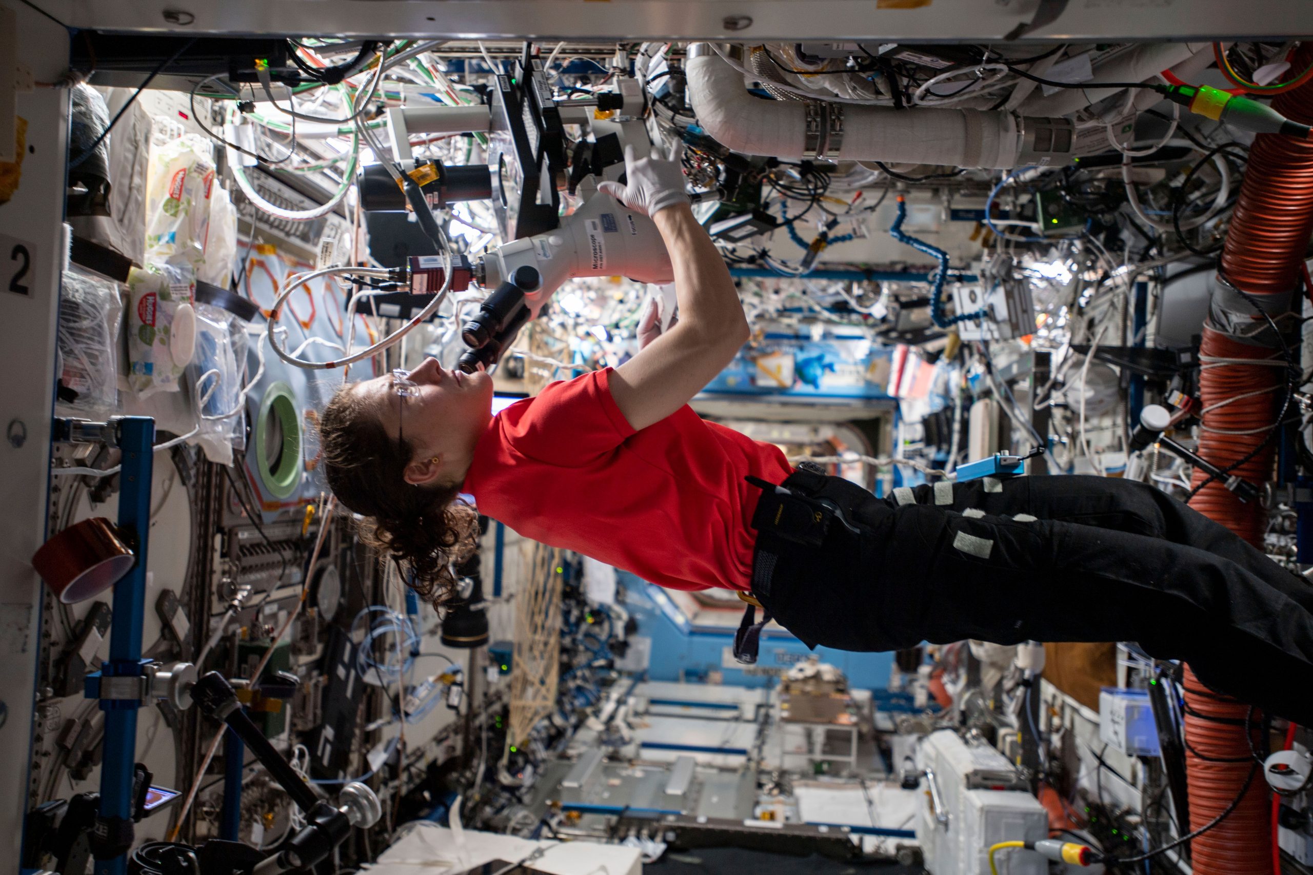 A woman conducts a research experiment aboard the International Space Station.