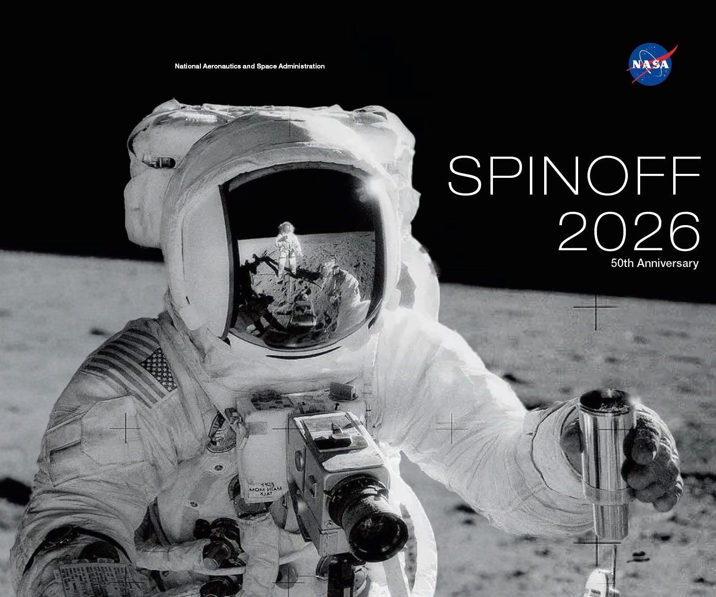 Spinoff 2026 marks the publication's 50th year documenting commercial uses of NASA technology. This edition’s cover features Astronaut Alan Bean holding an environmental sample container filled with lunar soil during the Apollo 12 mission of November 1969. Astronaut Charles Conrad Jr., who took this picture, is reflected in Bean’s helmet visor.