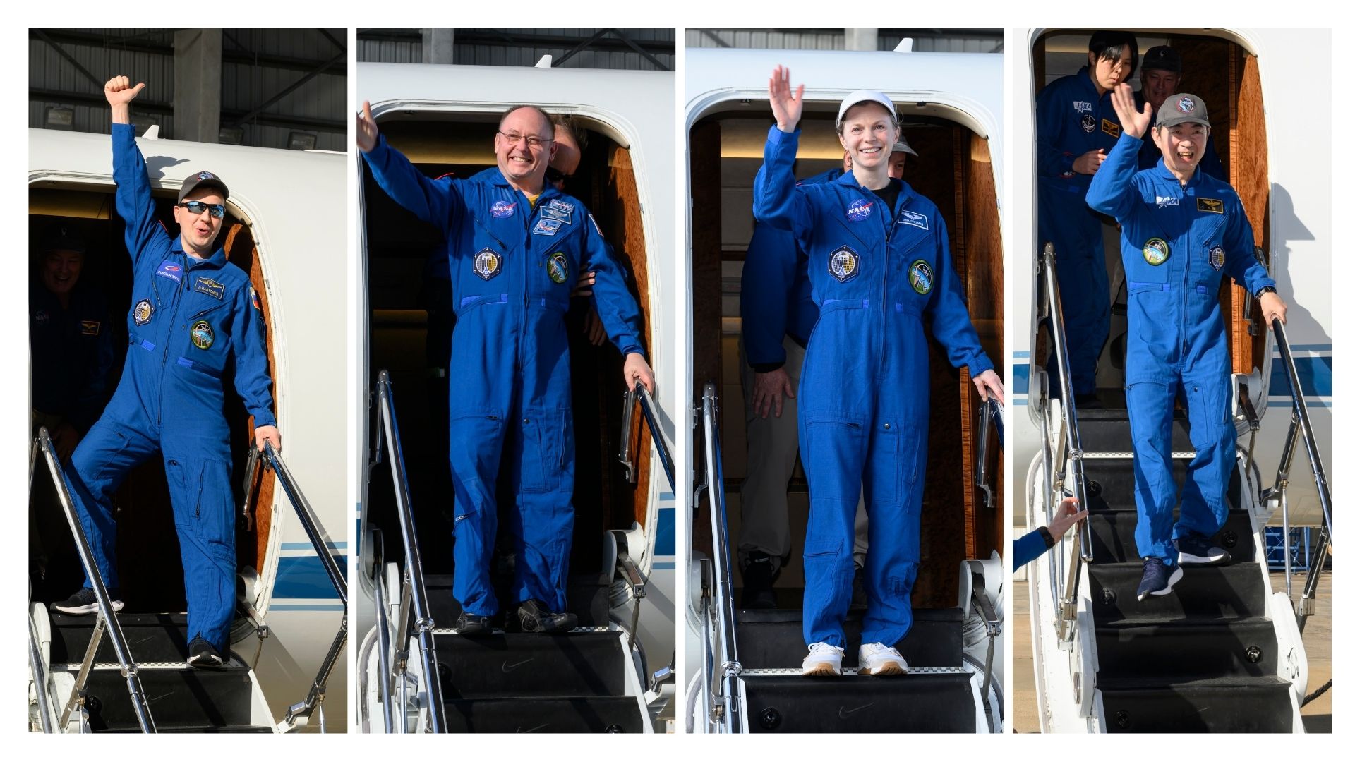 NASA’s SpaceX Crew-11 crew returns to Ellington Field’s Guppy Hangar in Houston on Jan. 16, 2026, from left to right is Roscosmos cosmonaut Oleg Platonov, NASA astronauts Mike Fincke, and Zena Cardman, and JAXA (Japan Aerospace Exploration Agency) astronaut Kimya Yui.