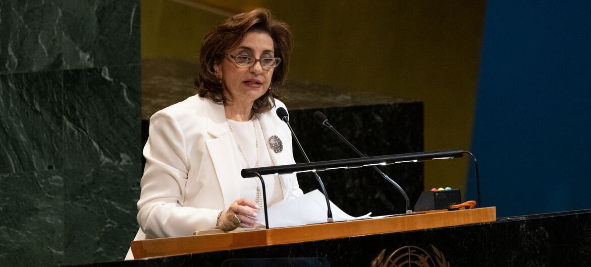 Sima Sami Bahous, Executive Director of UN Women, delivers a speech at the podium during the opening of the Seventieth Session of the Commission on the Status of Women at UN Headquarters in New York.
