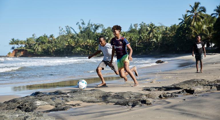 Dinoh is one of the students at Ambataria secondary school playing football with his classmates., one of the schools supported by UNICEF.