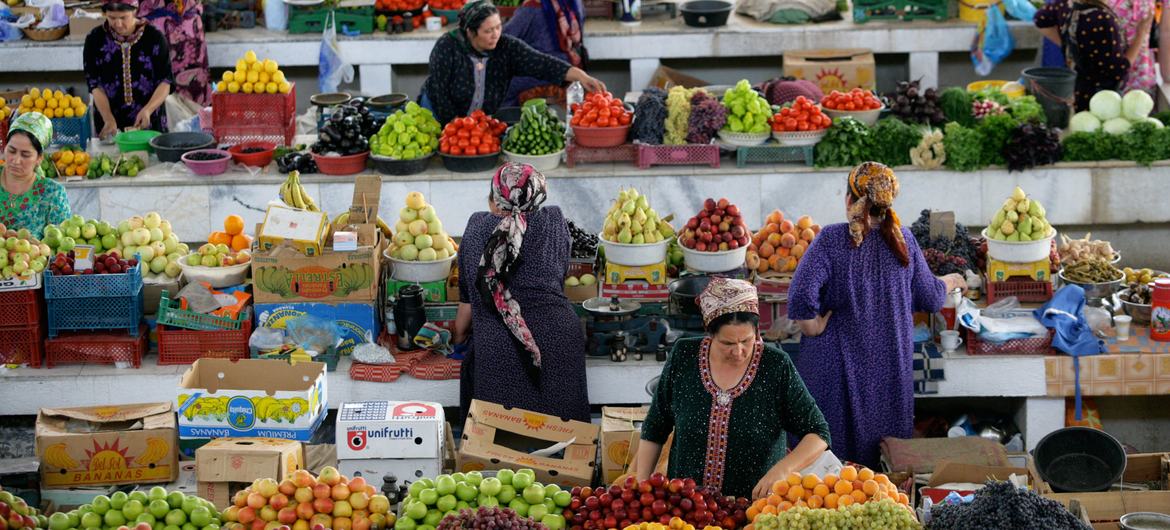 Women shop at a vegetable market in Ashgabat, the capital of Turkmenistan.